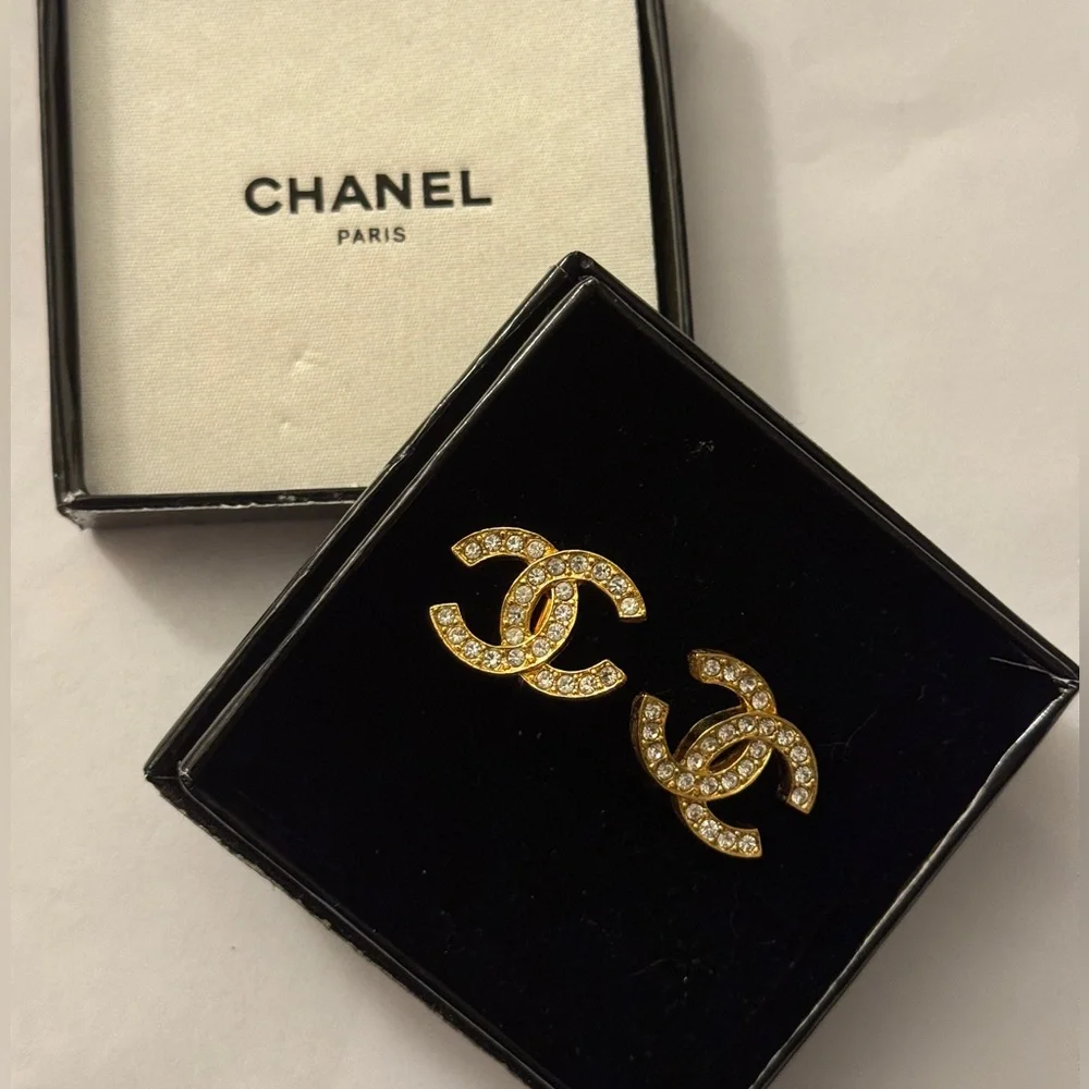 CHANEL Earrings Vintage CC Logo Crystal Clip On 24K Gold Plated Studs with Box